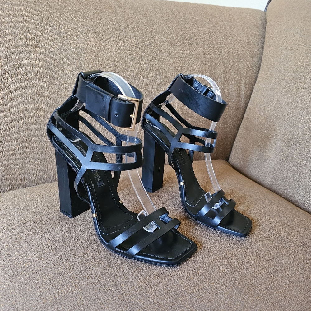 Gianmarco Lorenzi Black Double Strap Ankle Leather Sandals Size 40